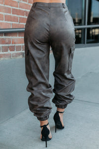 Easy Edge Faux Leather FORE Cargo Joggers (Brown) - NanaMacs