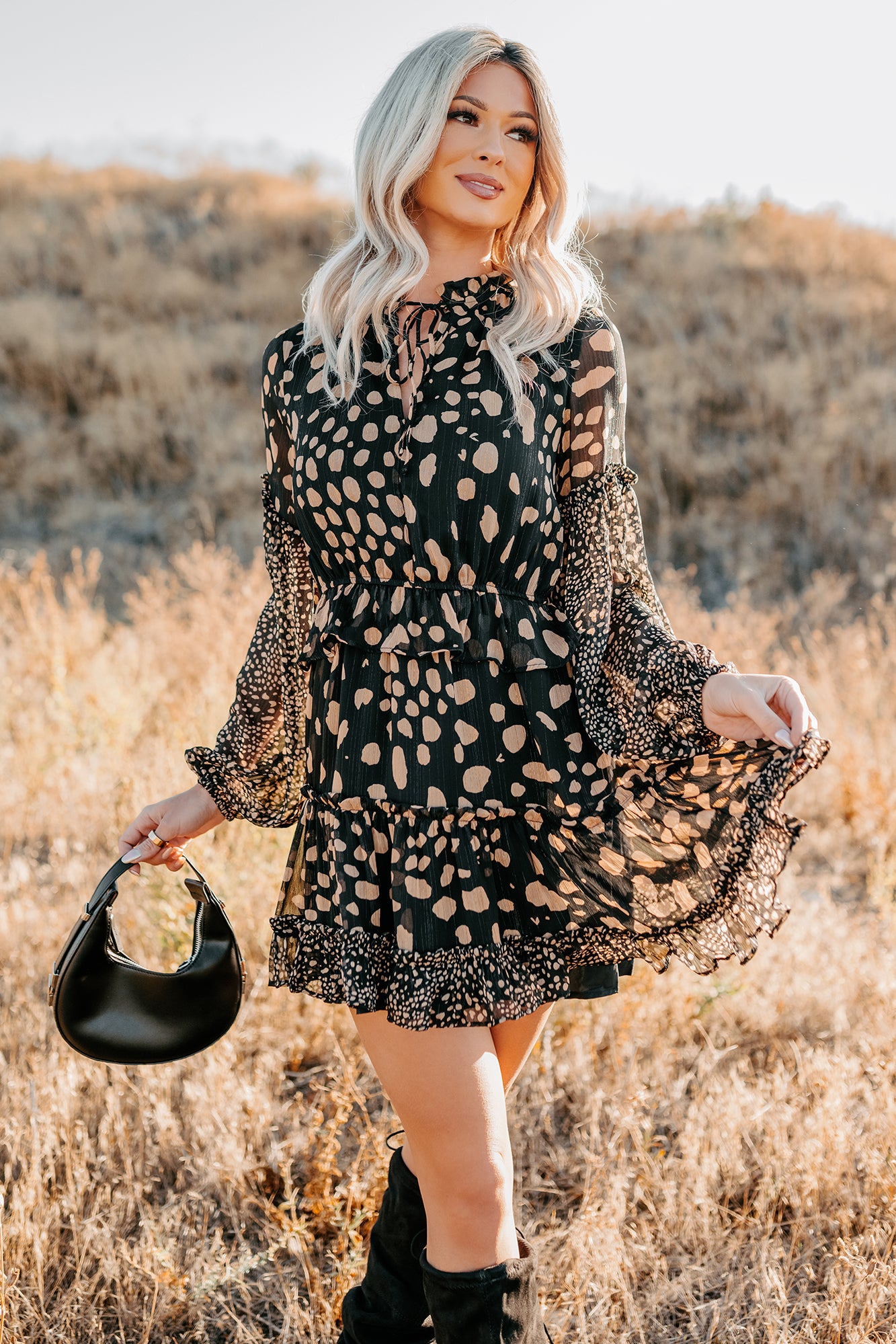Good As Gold Chiffon Ruffle Mini Dress (Black Print)