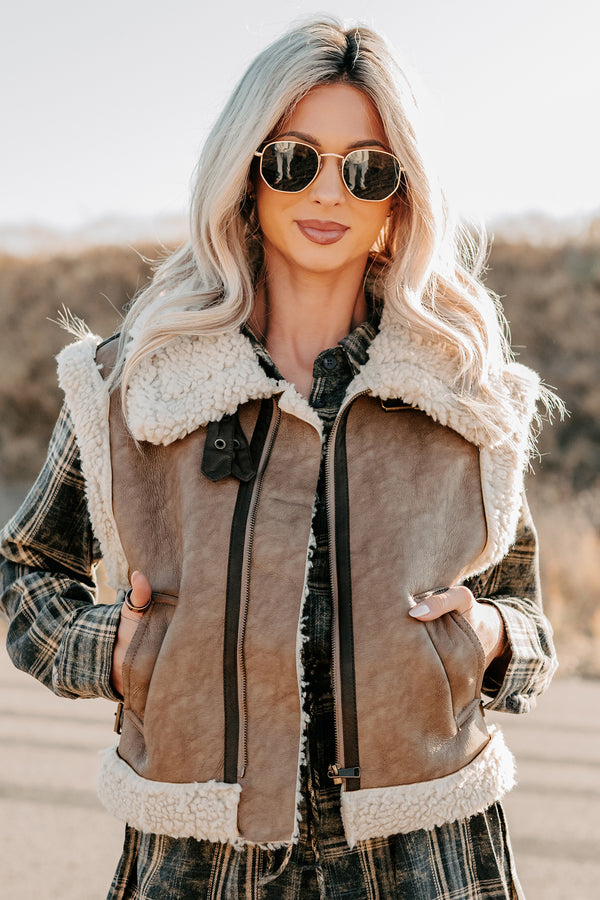 Pure Chill Sherpa Trim Faux Leather Vest (Truffle) - NanaMacs