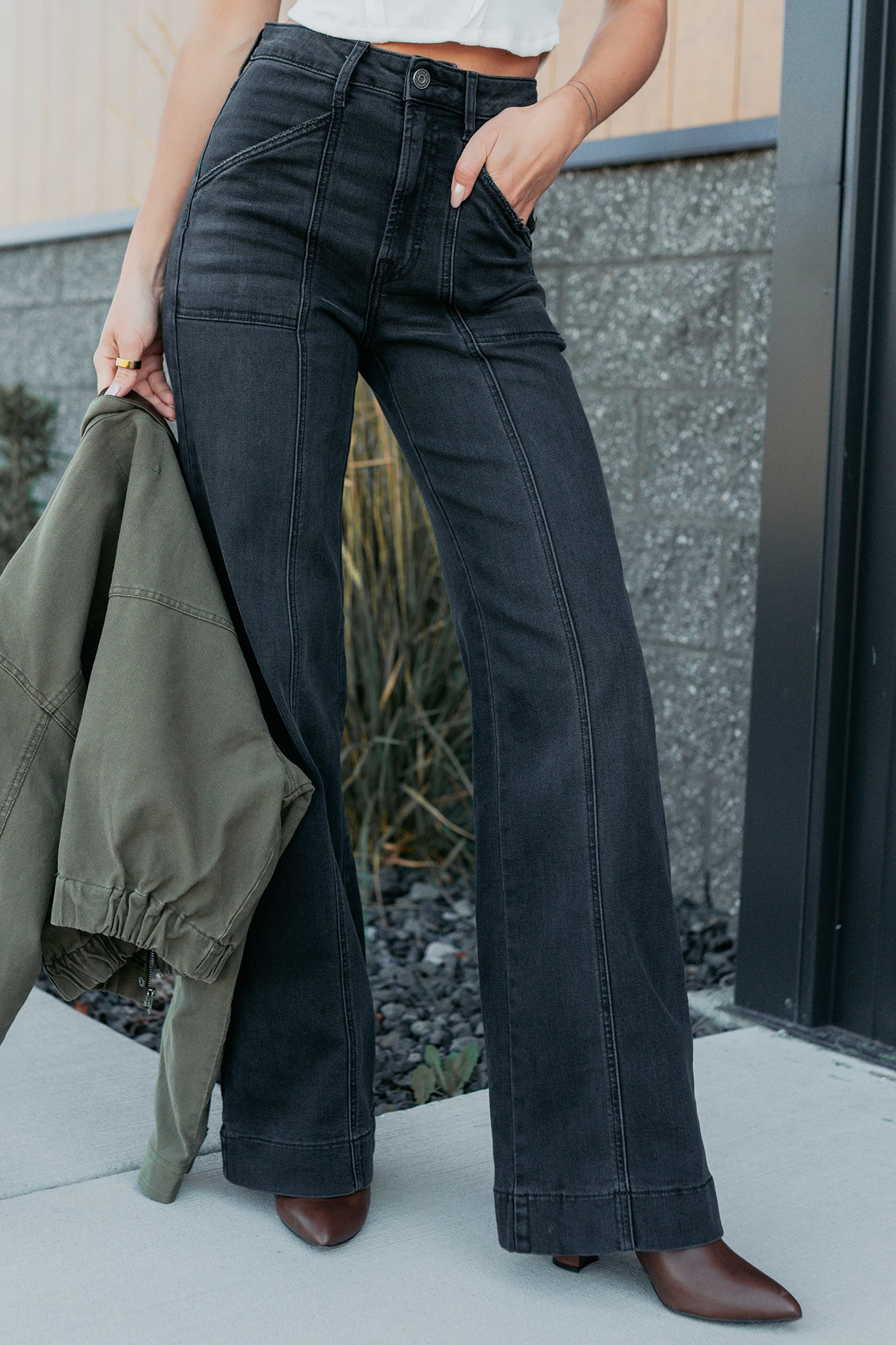 Louis High Rise Flare Hidden Jeans (Charcoal) - NanaMacs