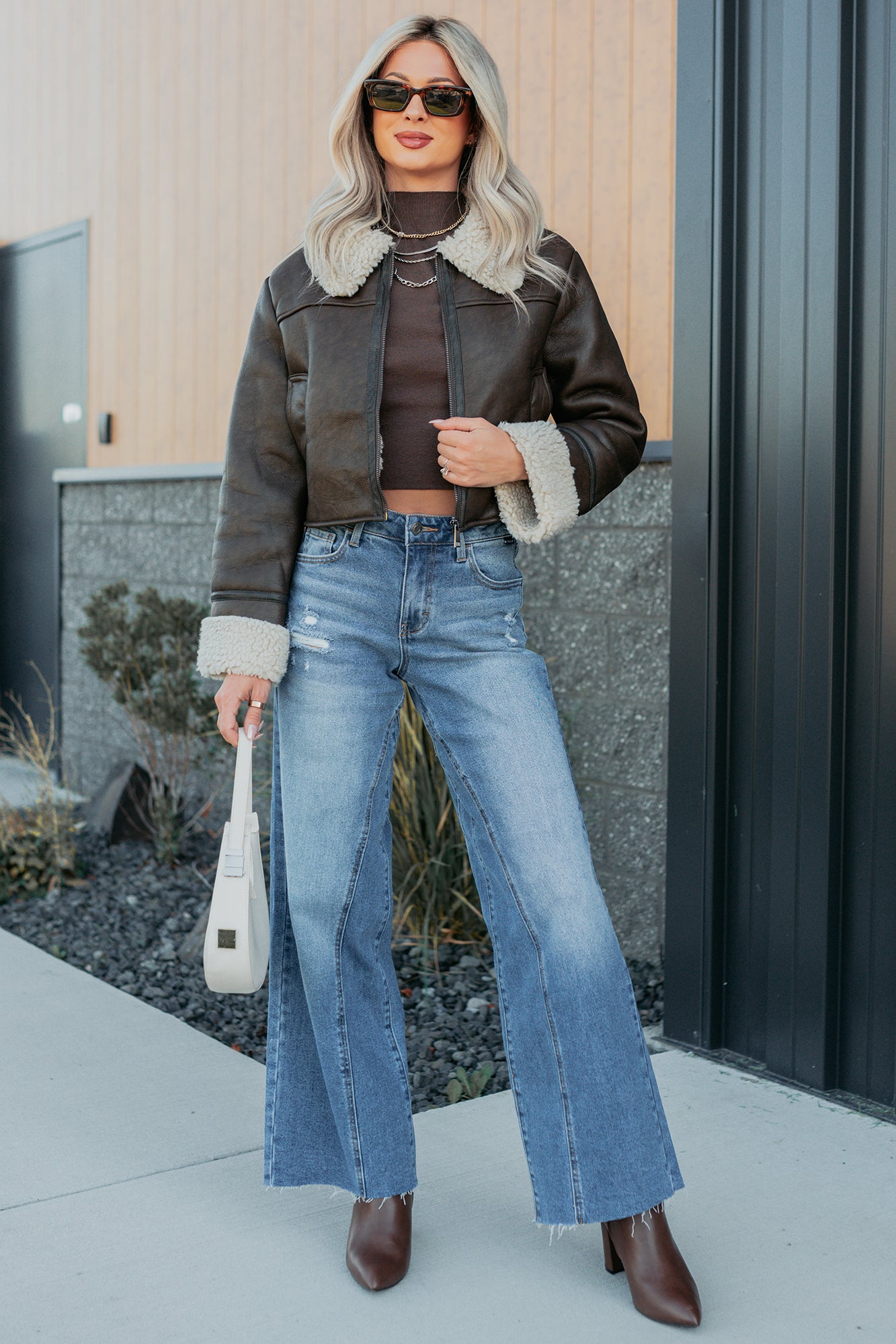 Serves You Right Sherpa Lined Faux Leather Jacket (Brown) - NanaMacs