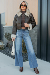 Serves You Right Sherpa Lined Faux Leather Jacket (Brown) - NanaMacs