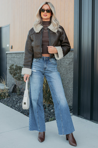 Serves You Right Sherpa Lined Faux Leather Jacket (Brown) - NanaMacs