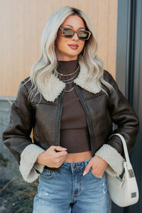 Serves You Right Sherpa Lined Faux Leather Jacket (Brown) - NanaMacs