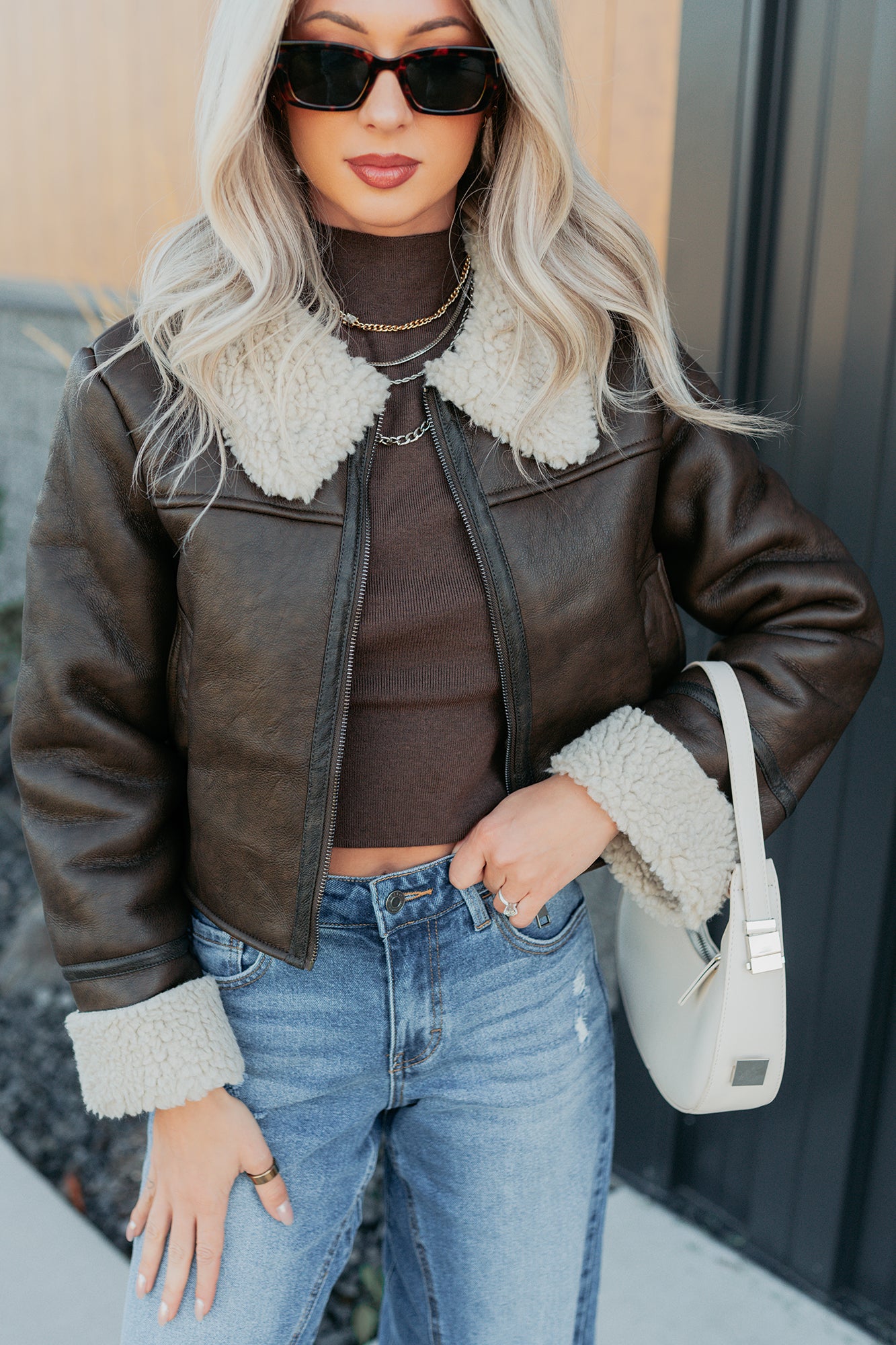 Serves You Right Sherpa Lined Faux Leather Jacket (Brown) - NanaMacs