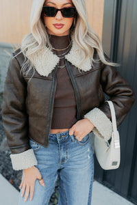 Serves You Right Sherpa Lined Faux Leather Jacket (Brown) - NanaMacs