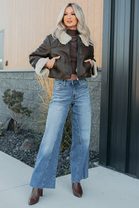 Serves You Right Sherpa Lined Faux Leather Jacket (Brown) - NanaMacs