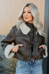 Serves You Right Sherpa Lined Faux Leather Jacket (Brown) - NanaMacs