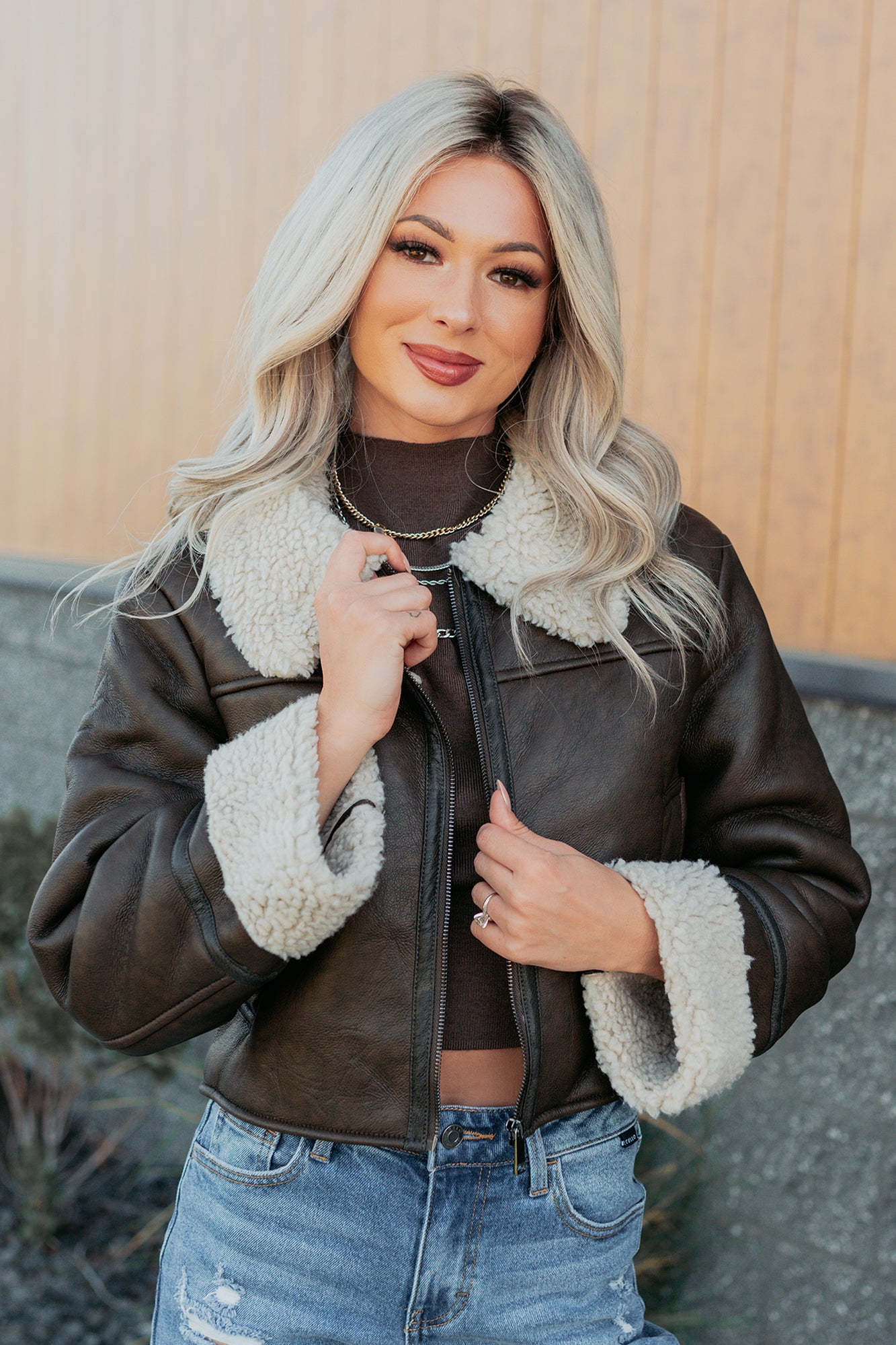 Serves You Right Sherpa Lined Faux Leather Jacket (Brown) - NanaMacs