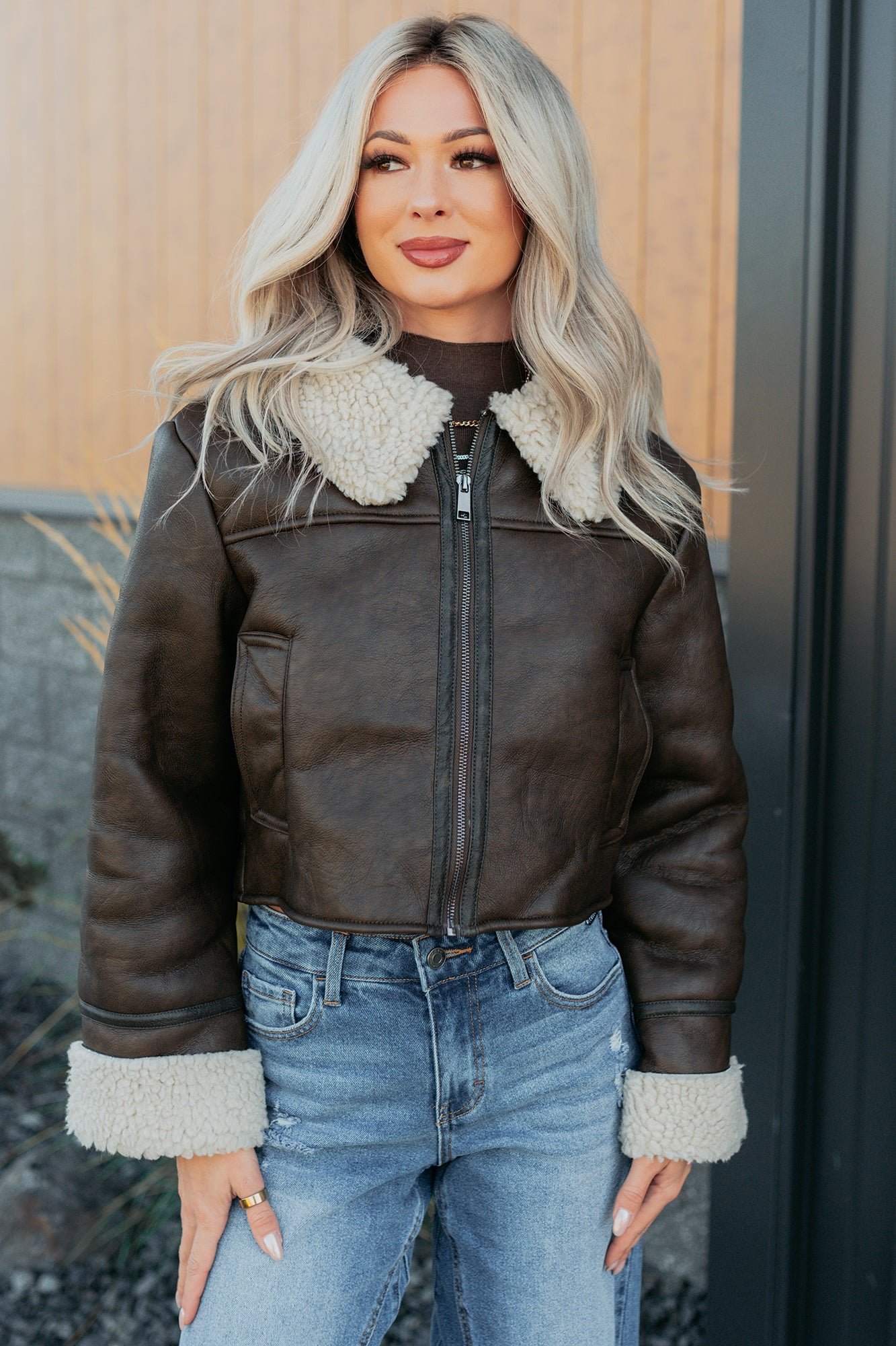 Serves You Right Sherpa Lined Faux Leather Jacket (Brown) - NanaMacs