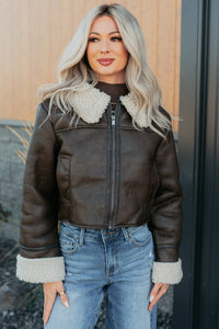 Serves You Right Sherpa Lined Faux Leather Jacket (Brown) - NanaMacs