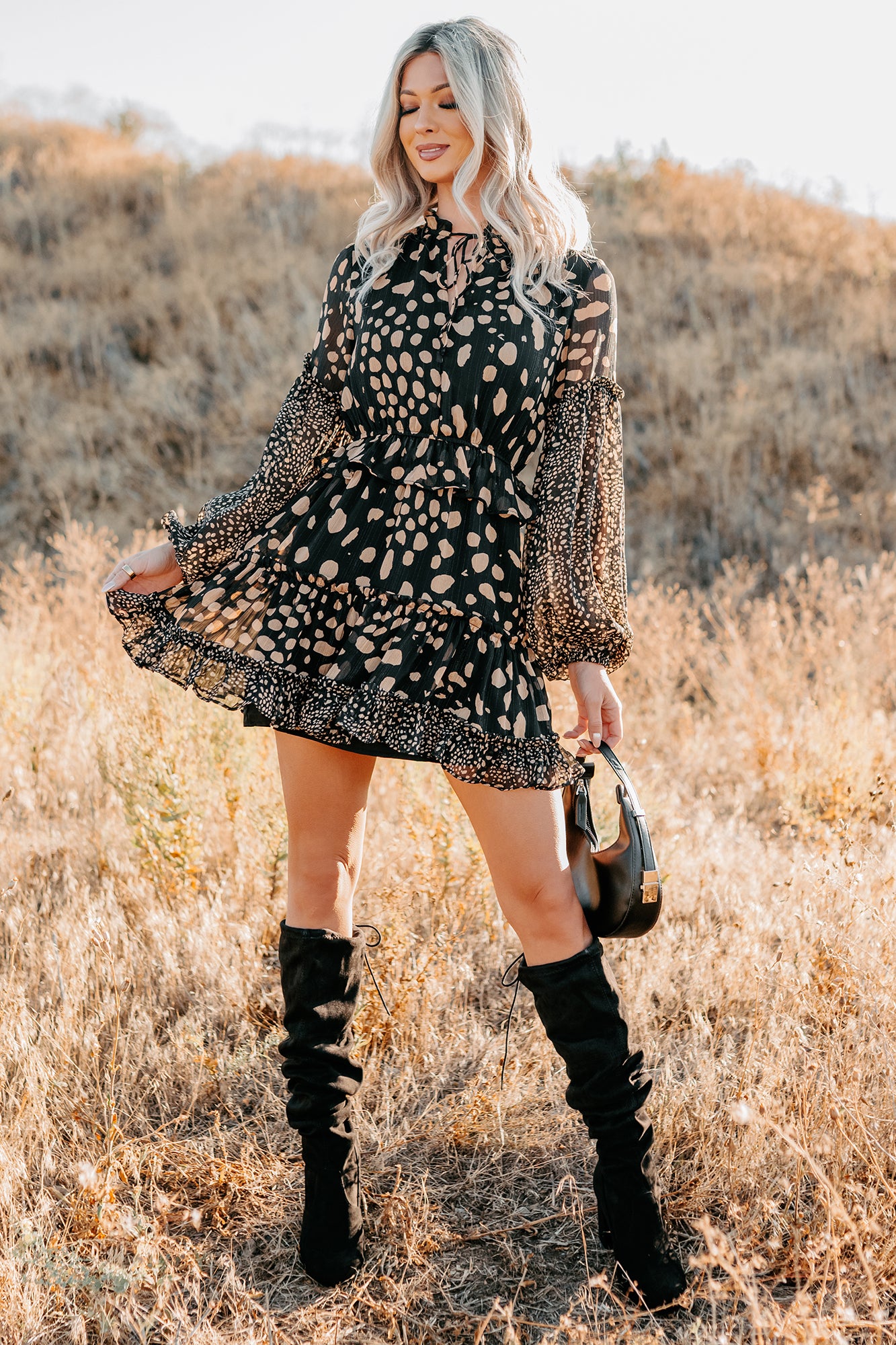 Good As Gold Chiffon Ruffle Mini Dress (Black Print) - NanaMacs