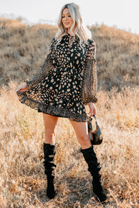 Good As Gold Chiffon Ruffle Mini Dress (Black Print) - NanaMacs