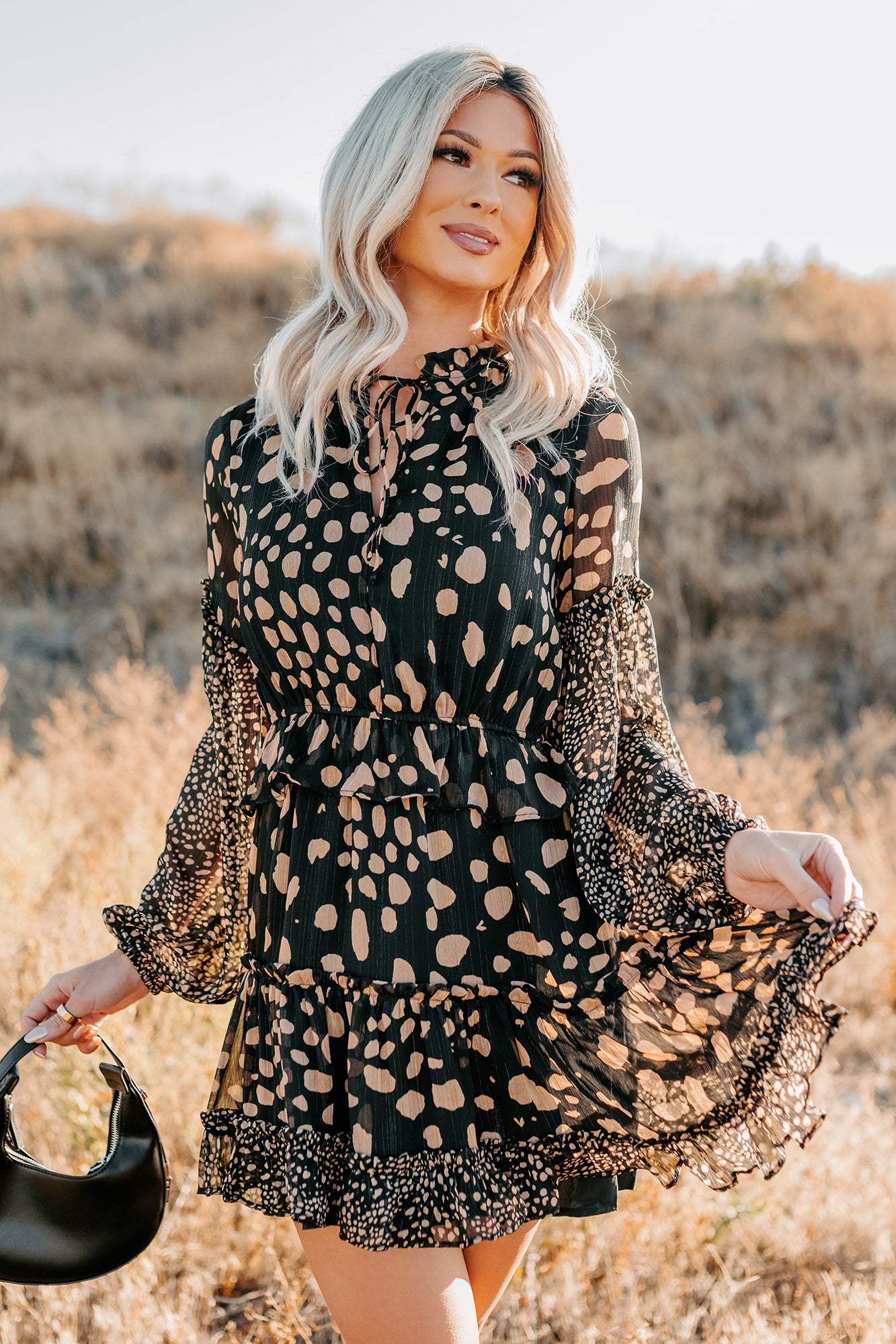 Good As Gold Chiffon Ruffle Mini Dress (Black Print) - NanaMacs