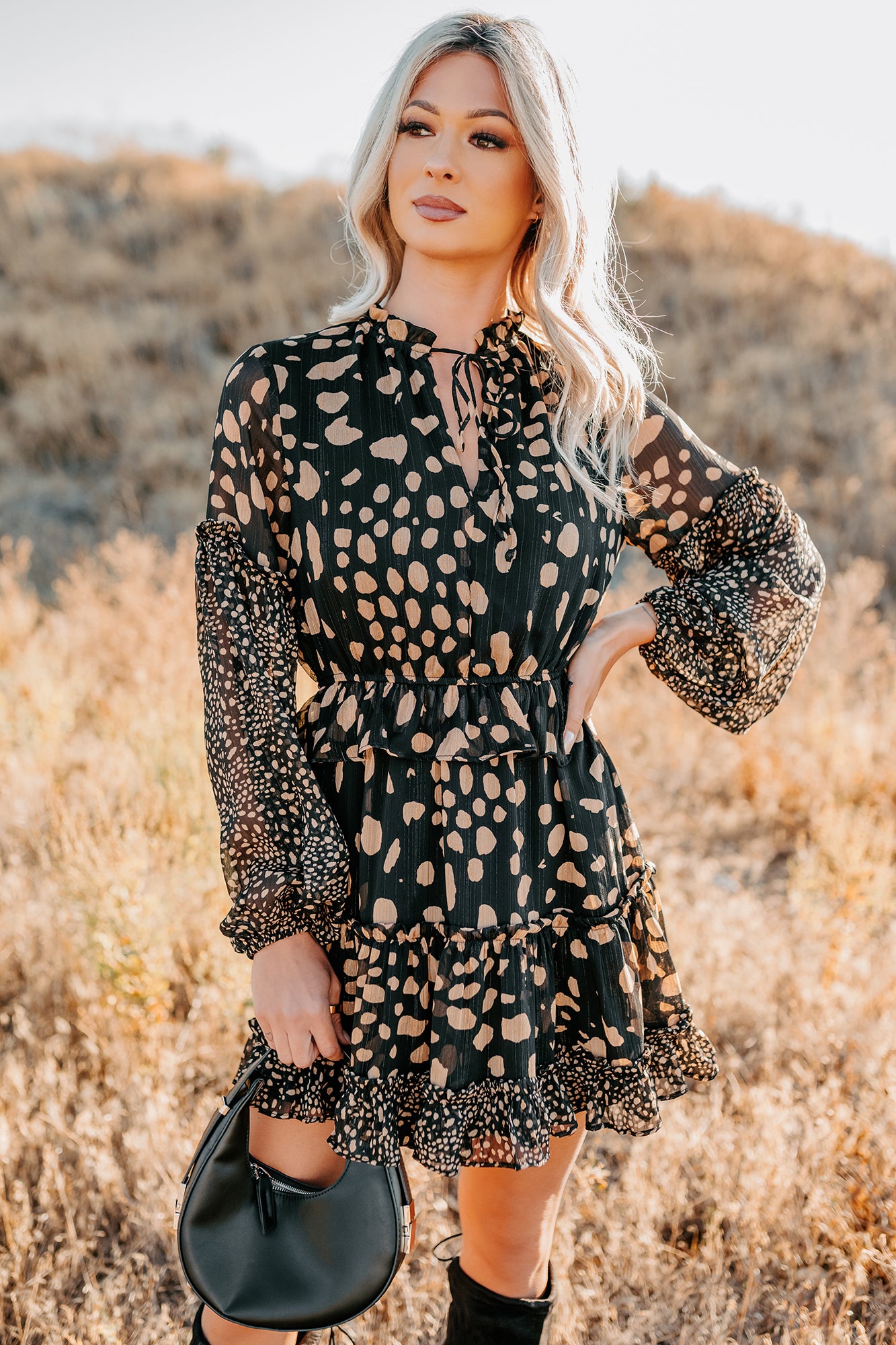 Good As Gold Chiffon Ruffle Mini Dress (Black Print) - NanaMacs