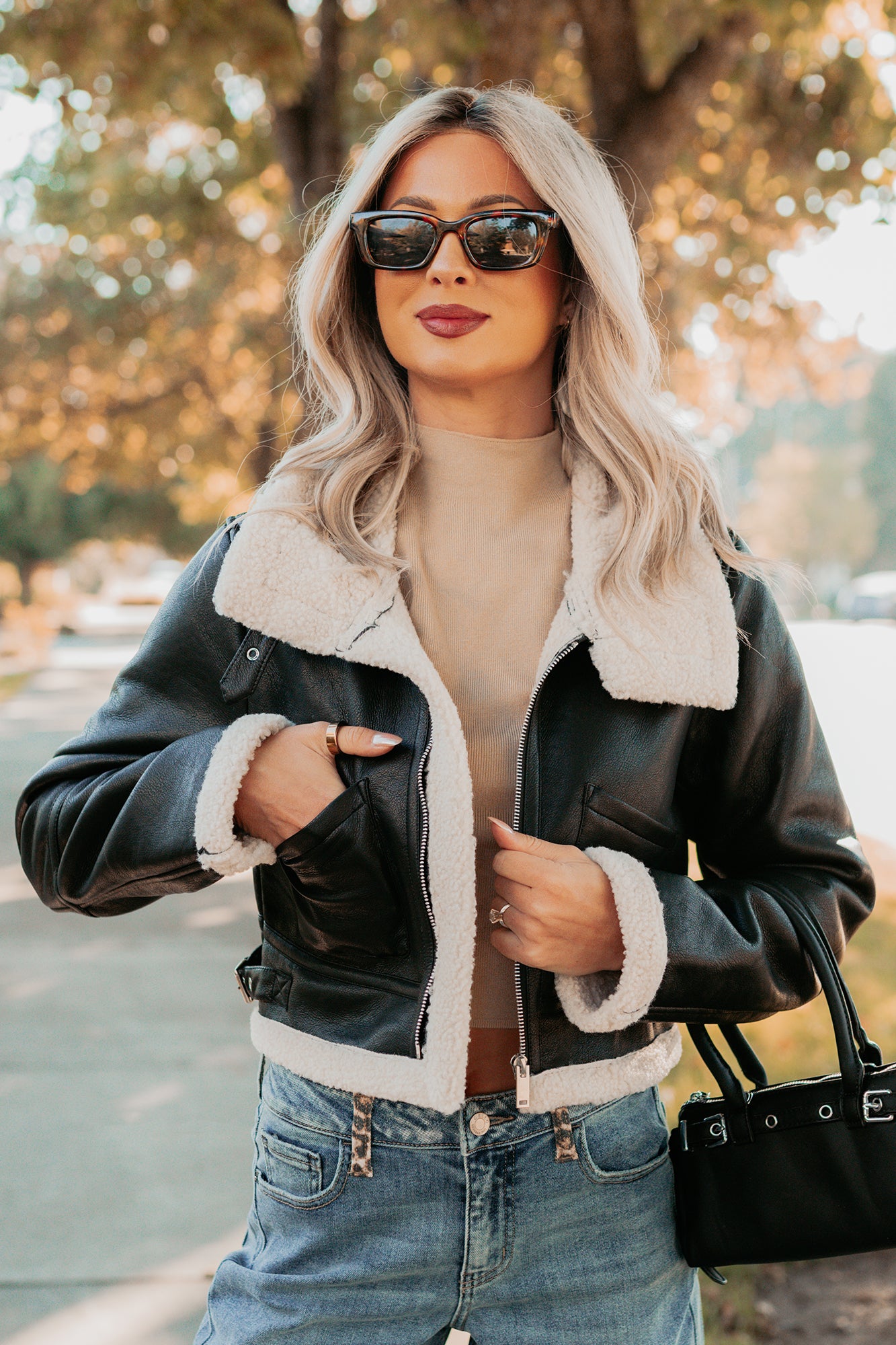 Urban Chill Faux Leather Sherpa Lined Jacket (Black/Beige) - NanaMacs