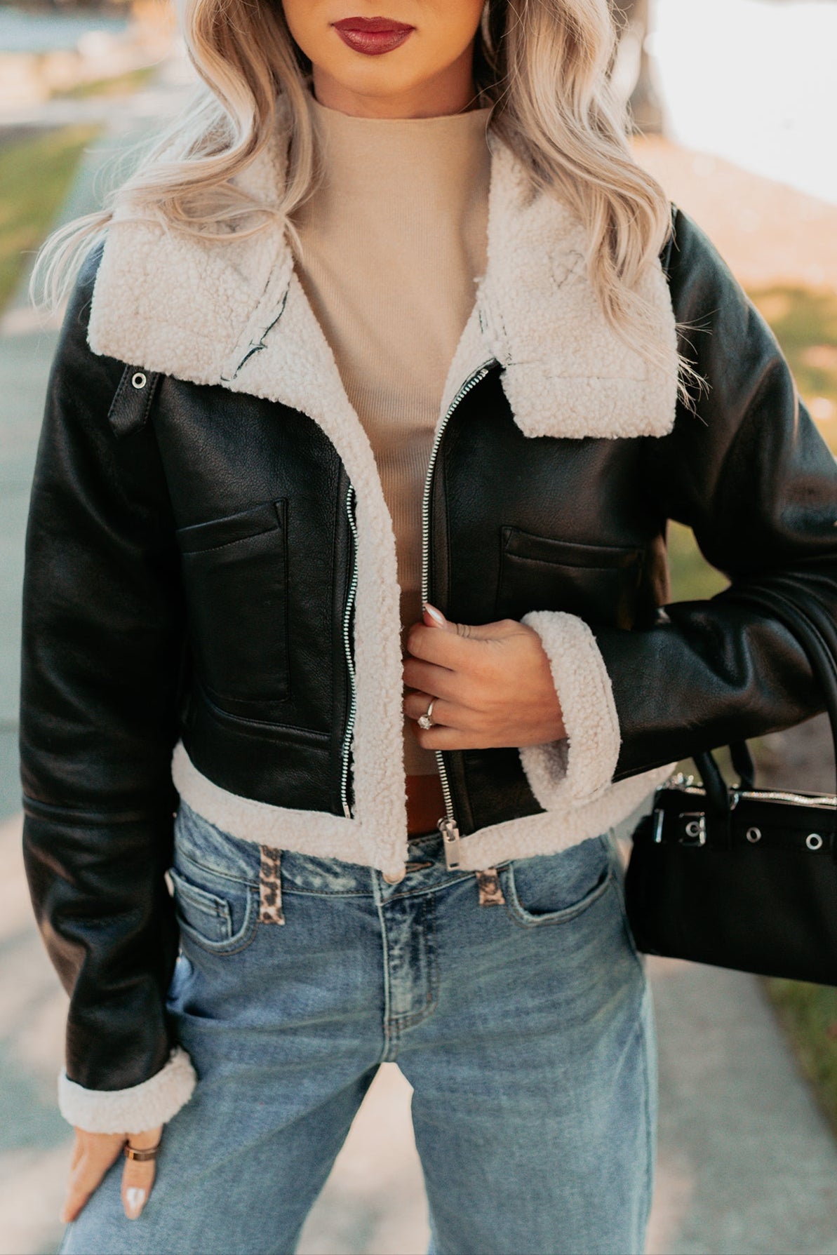 Urban Chill Faux Leather Sherpa Lined Jacket (Black/Beige) - NanaMacs