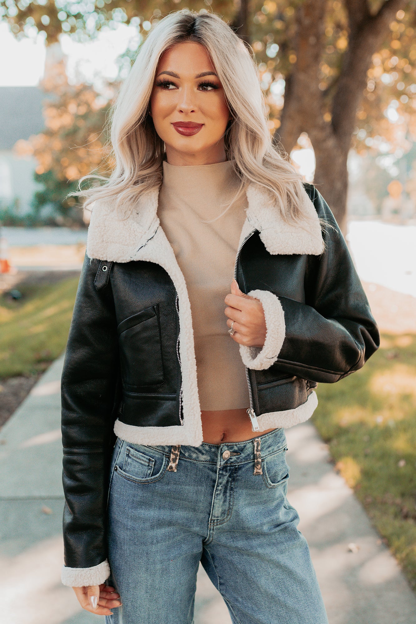 Urban Chill Faux Leather Sherpa Lined Jacket (Black/Beige) - NanaMacs