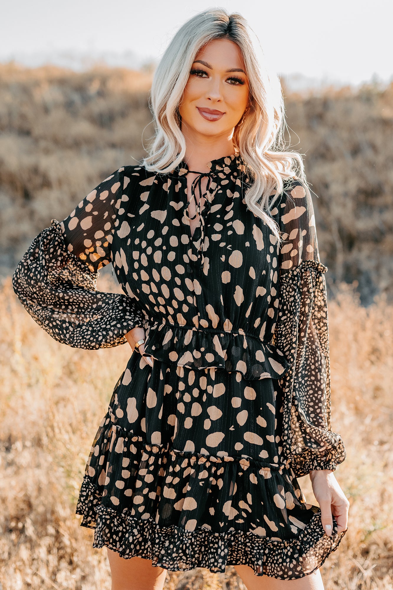 Good As Gold Chiffon Ruffle Mini Dress (Black Print) - NanaMacs