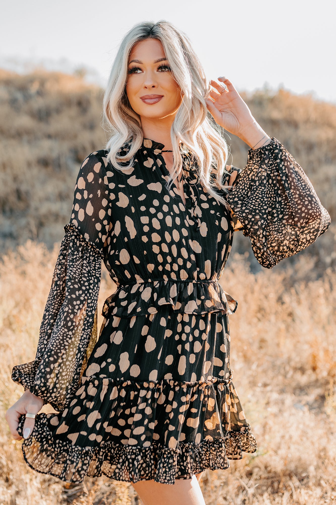 Women's Good As Gold Chiffon Ruffle Mini Dress in Black Print - Size L Women's Good As Gold Chiffon Ruffle Mini Dress in Black Print - Size L