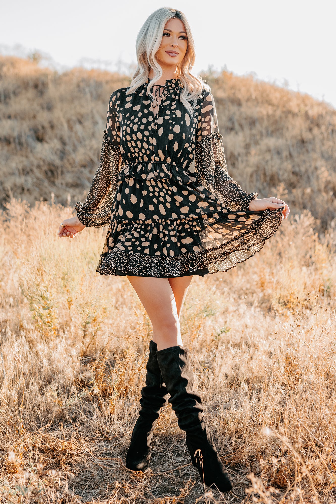 Good As Gold Chiffon Ruffle Mini Dress (Black Print) - NanaMacs