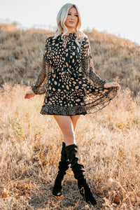 Good As Gold Chiffon Ruffle Mini Dress (Black Print) - NanaMacs