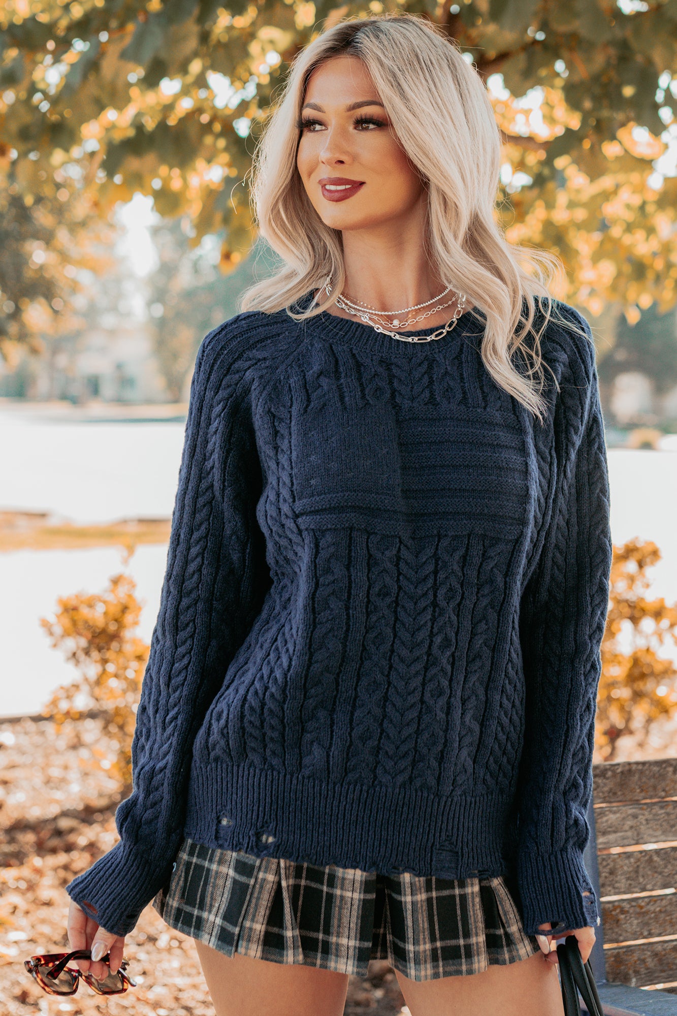 Wild Grace Distressed Hem Flag Cable Knit Sweater (Navy) - NanaMacs