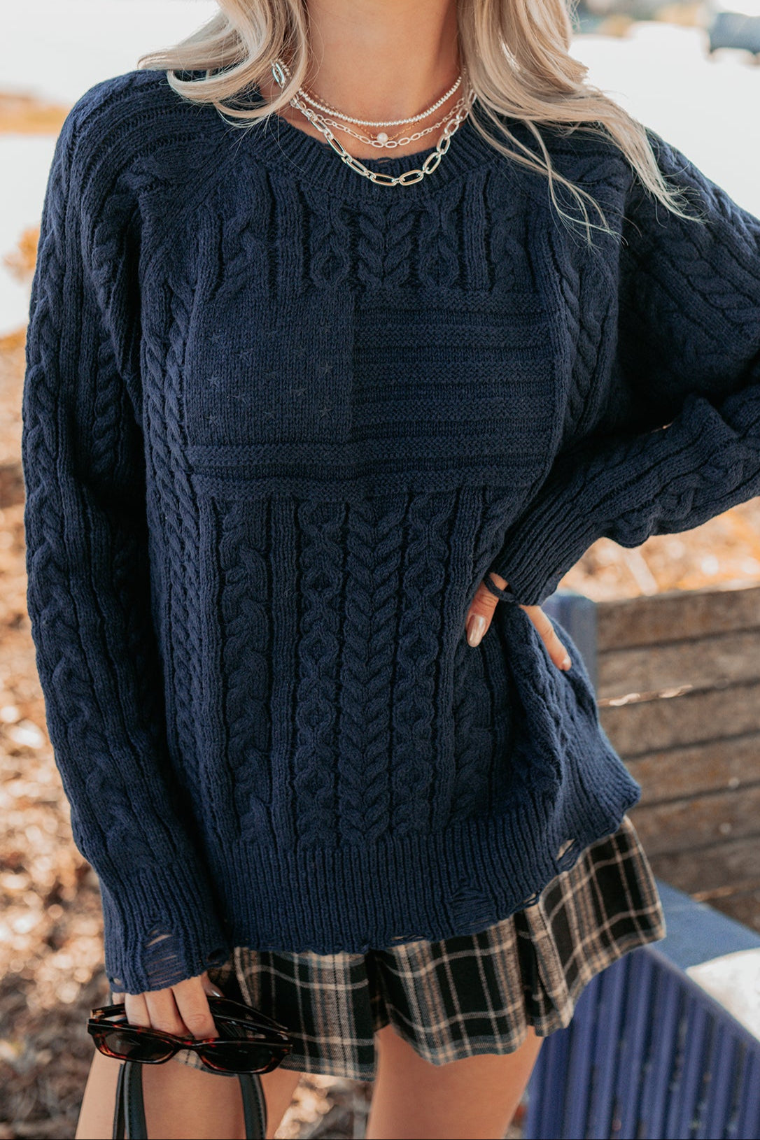 Wild Grace Distressed Hem Flag Cable Knit Sweater (Navy) · NanaMacs