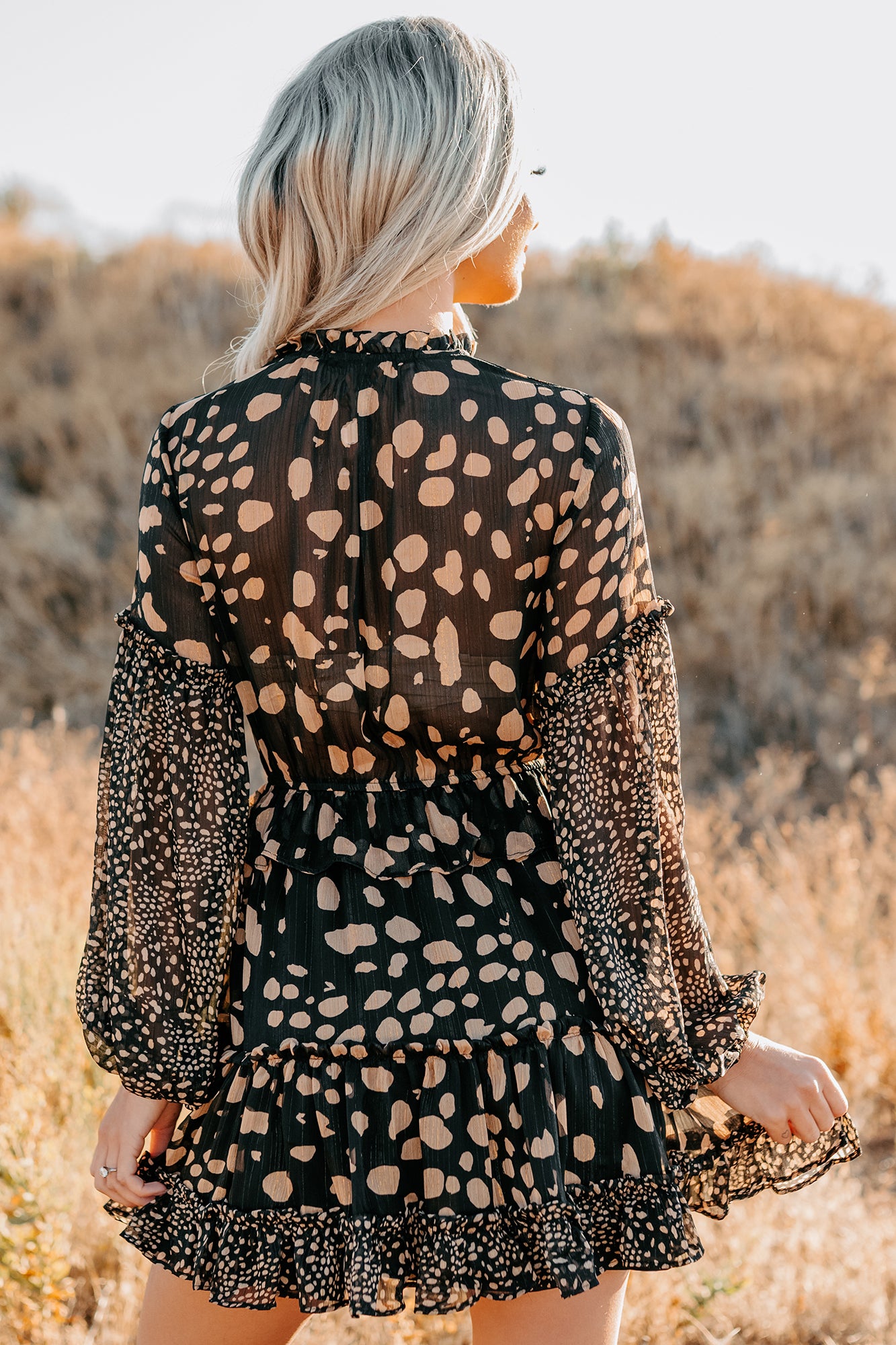Good As Gold Chiffon Ruffle Mini Dress (Black Print) · NanaMacs