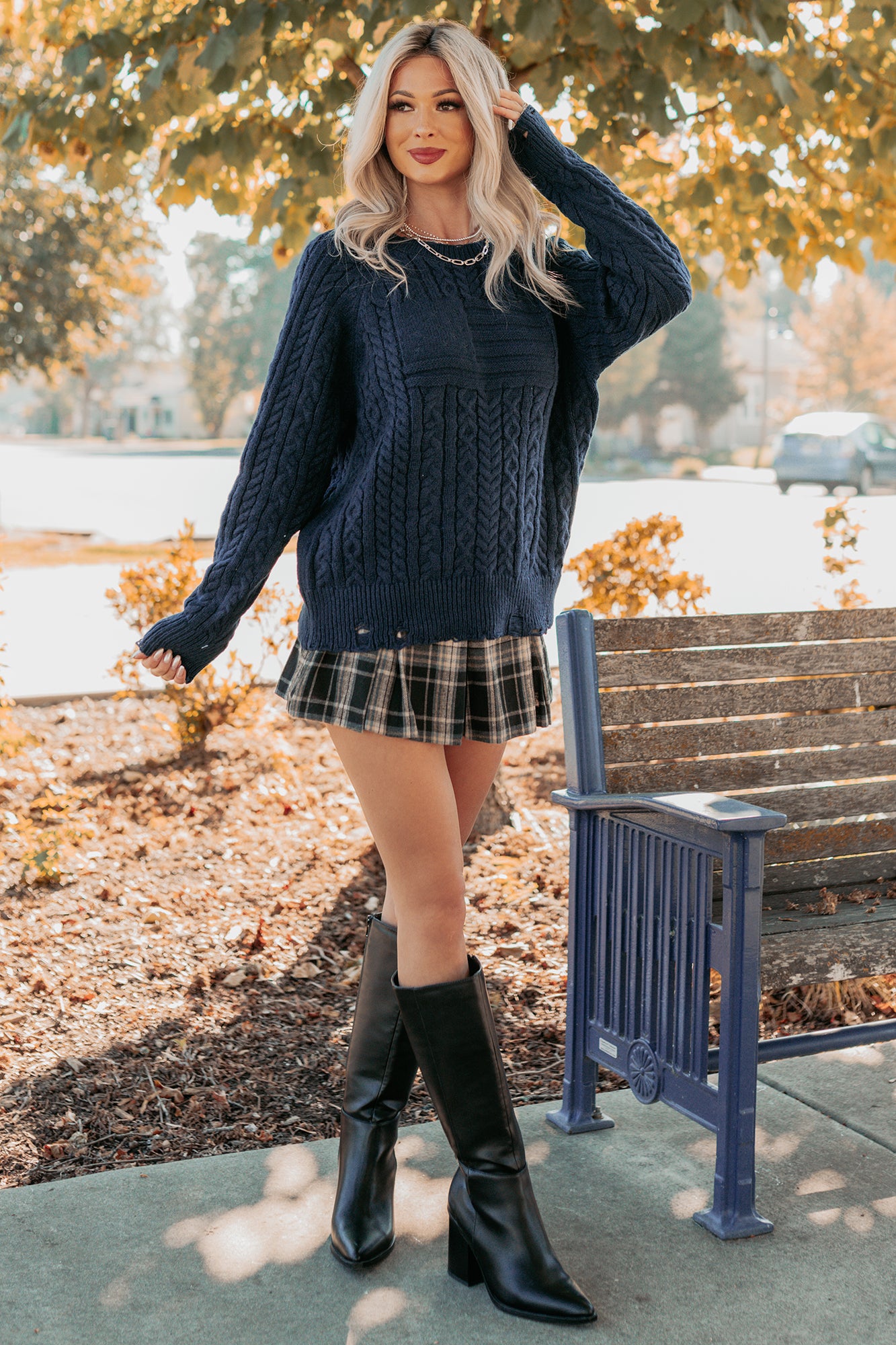 Wild Grace Distressed Hem Flag Cable Knit Sweater (Navy) - NanaMacs