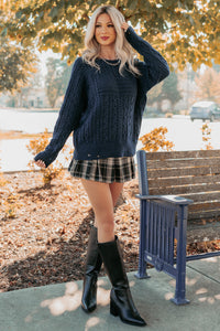 Wild Grace Distressed Hem Flag Cable Knit Sweater (Navy) - NanaMacs