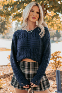 Wild Grace Distressed Hem Flag Cable Knit Sweater (Navy) - NanaMacs