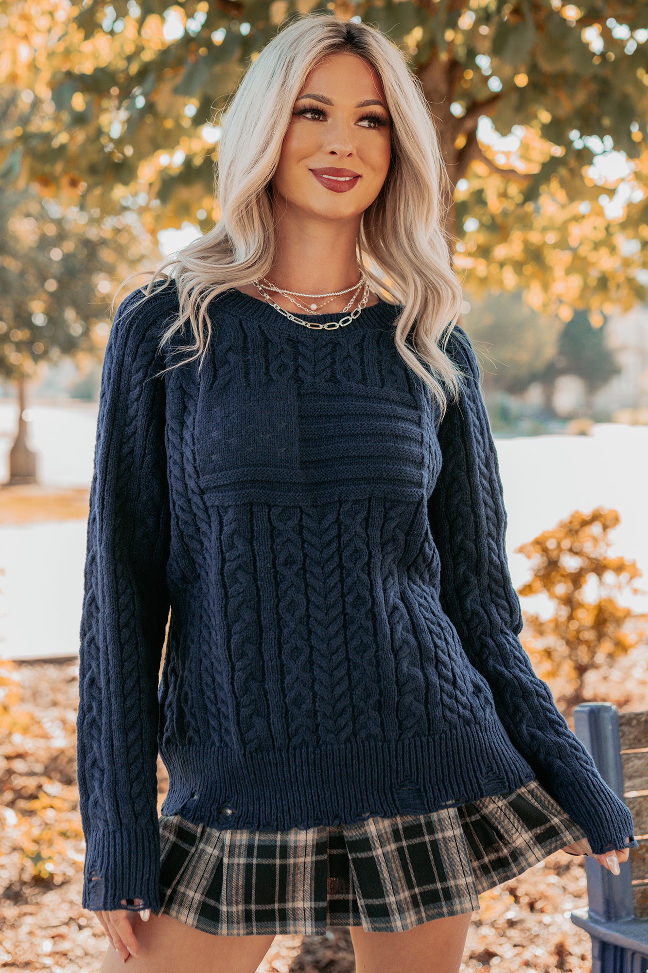 Wild Grace Distressed Hem Flag Cable Knit Sweater (Navy) - NanaMacs