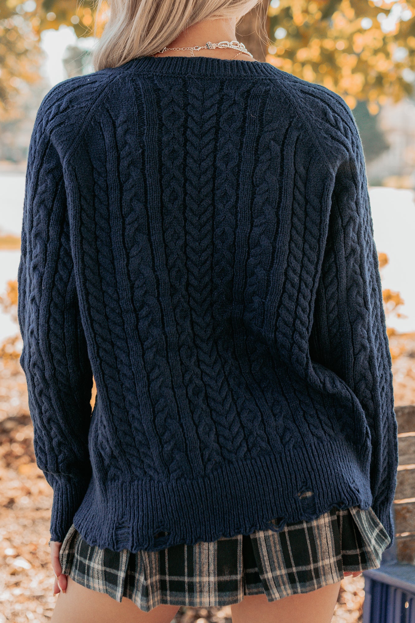 Wild Grace Distressed Hem Flag Cable Knit Sweater (Navy) - NanaMacs