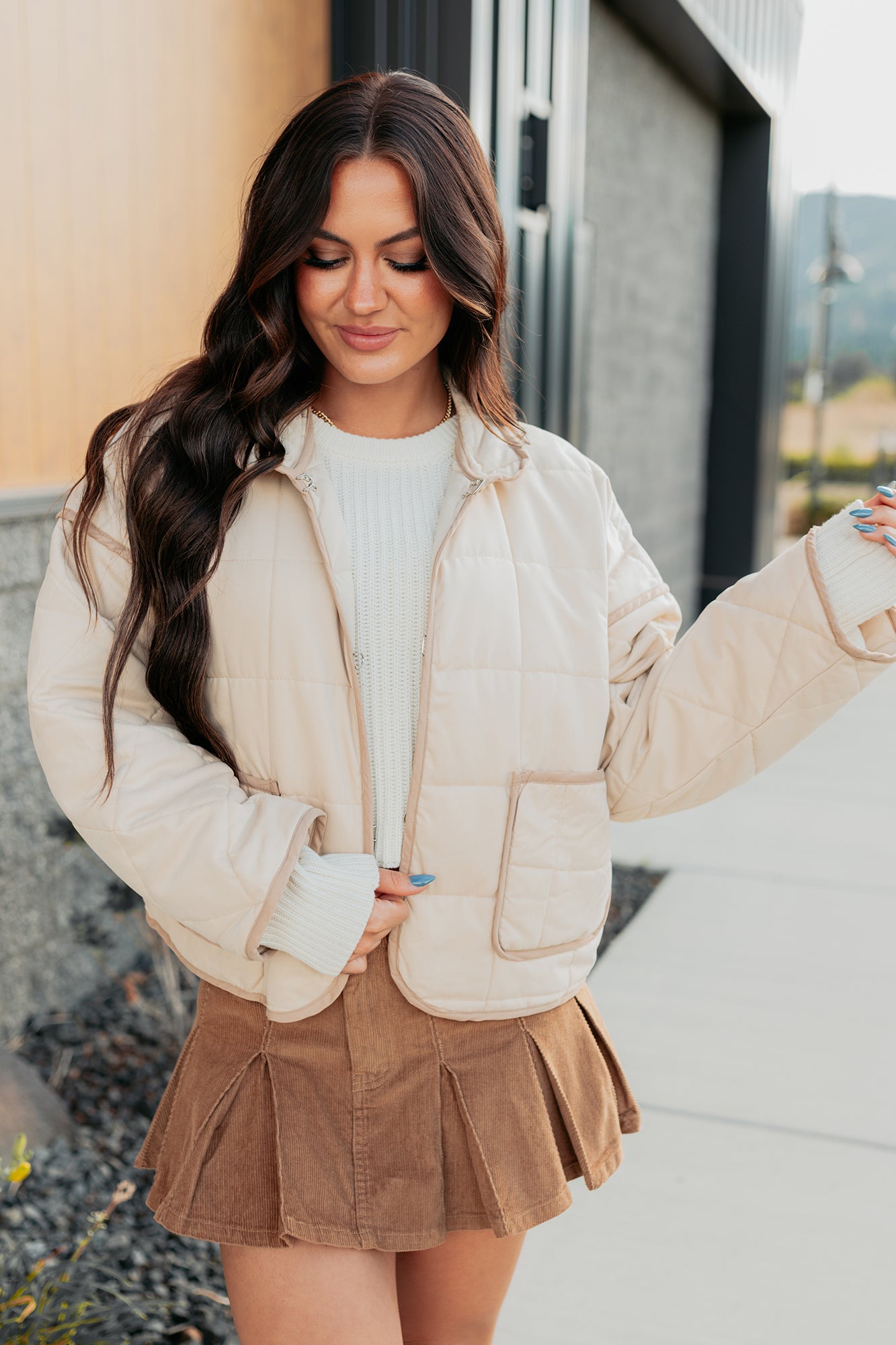 Pure Desire Contrast Trim Quilted Puffer Jacket (Beige) - NanaMacs