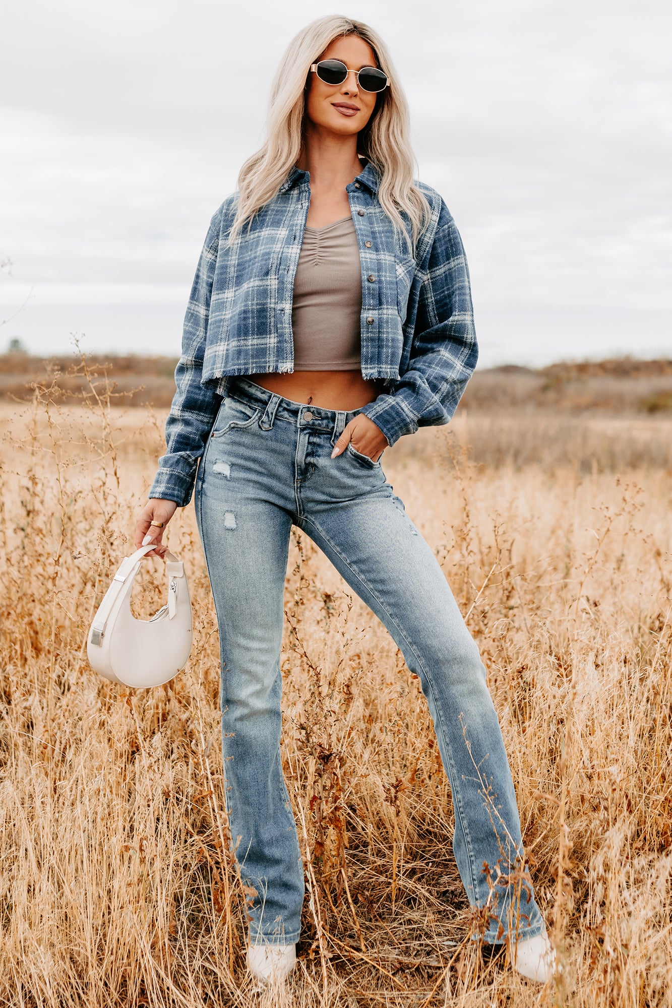 Bless This Mess Plaid Cropped Shacket (Blue) - NanaMacs