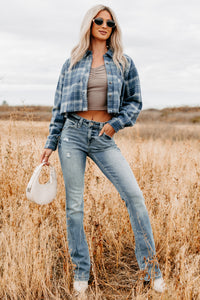 Bless This Mess Plaid Cropped Shacket (Blue) - NanaMacs