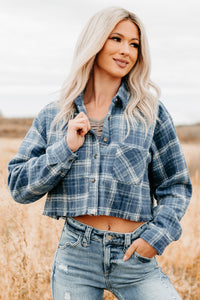 Bless This Mess Plaid Cropped Shacket (Blue) - NanaMacs