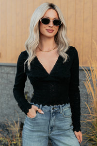 Born Untamed Long Sleeve V Neck Lace Top (Black) - NanaMacs