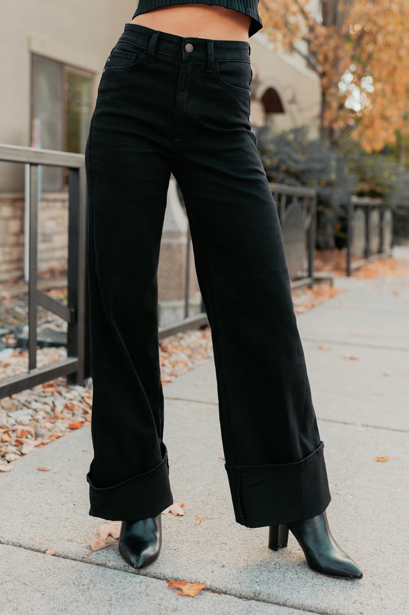 Mara Wide Leg Cuffed Judy Blue Stretchy Jeans (Black) - NanaMacs