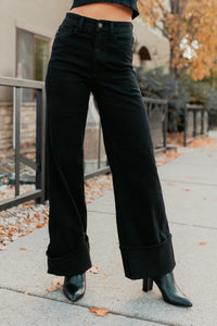 Mara Wide Leg Cuffed Judy Blue Stretchy Jeans (Black) - NanaMacs