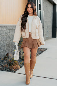 Pure Desire Contrast Trim Quilted Puffer Jacket (Beige) - NanaMacs