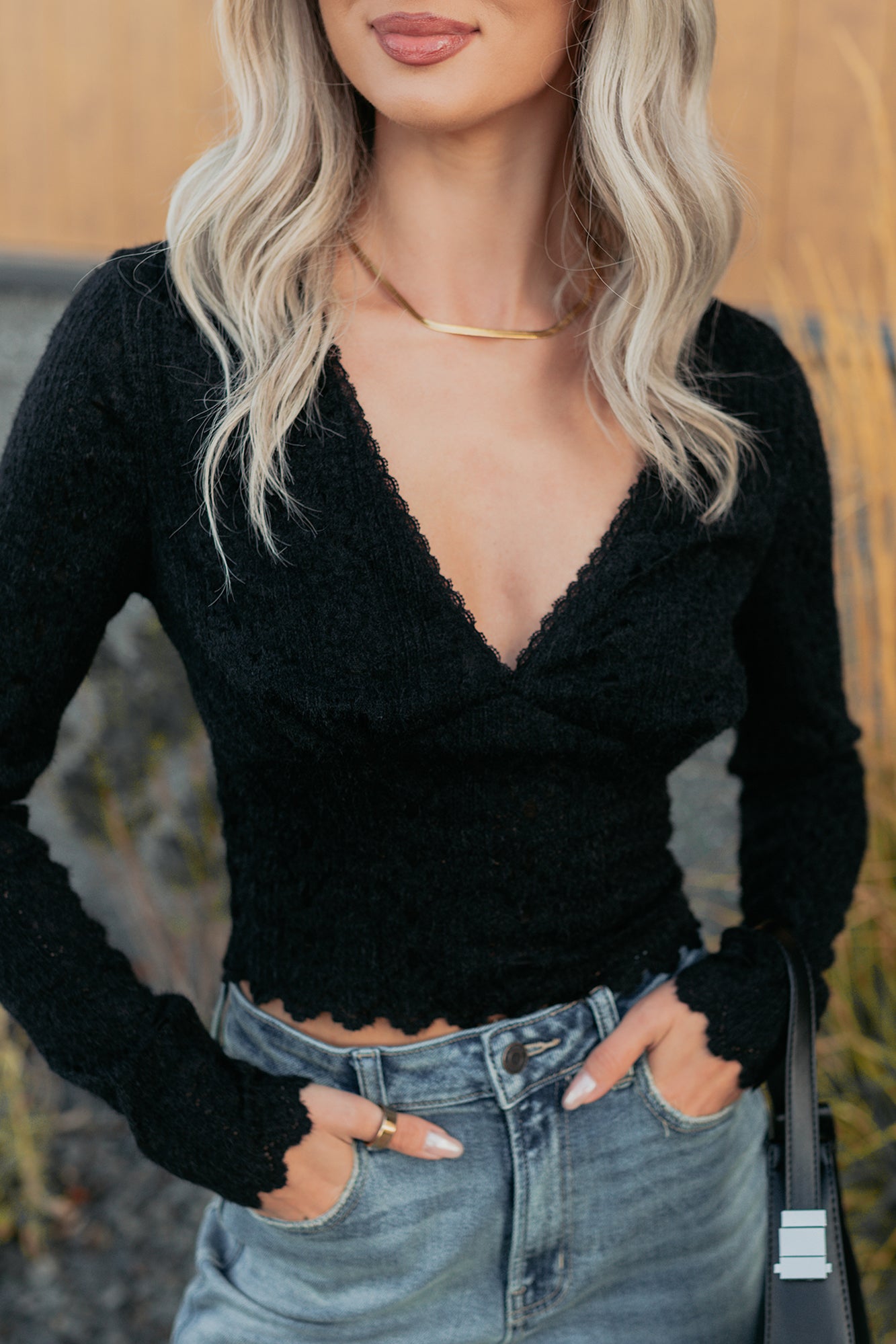 Born Untamed Long Sleeve V Neck Lace Top (Black) - NanaMacs