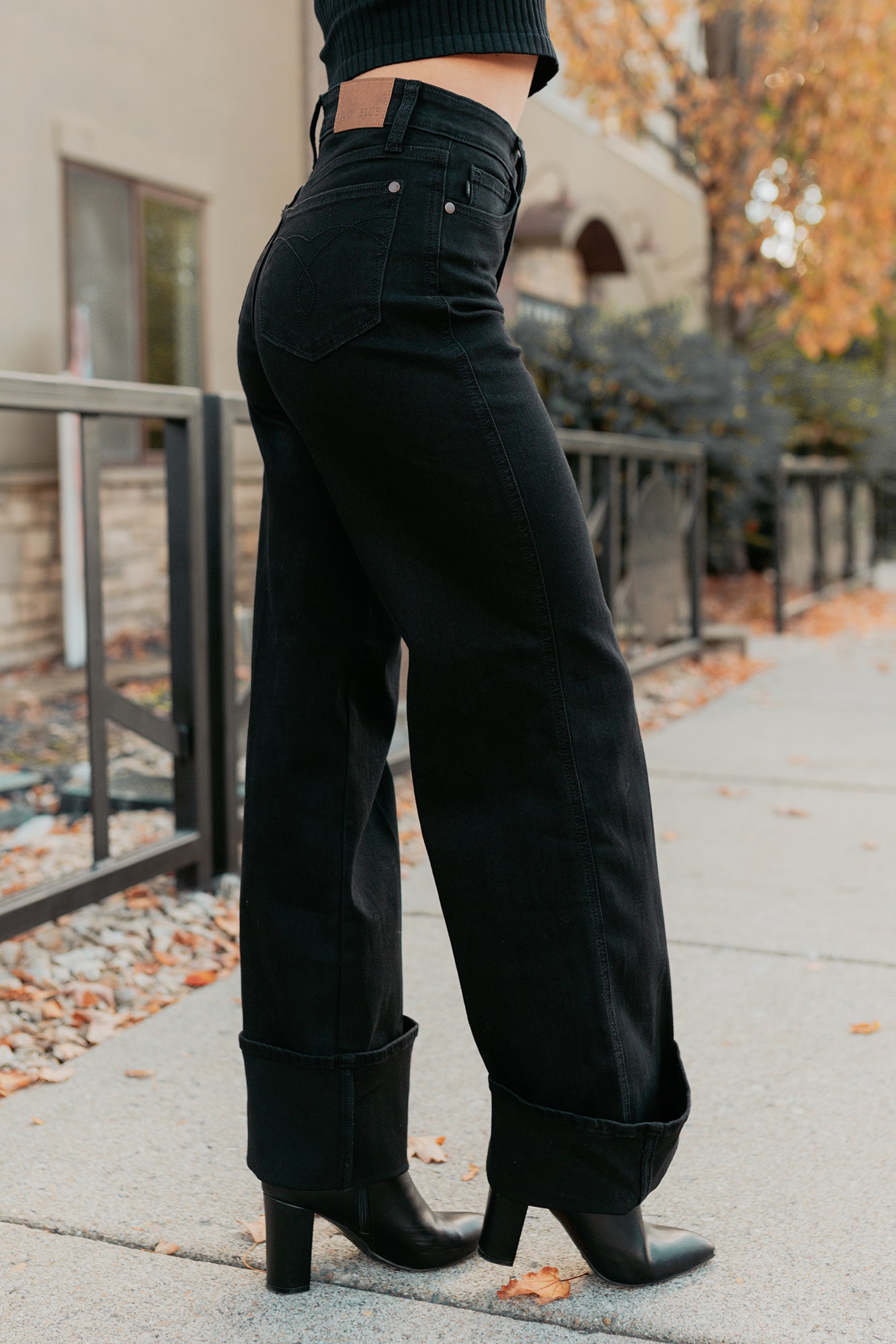 Mara Wide Leg Cuffed Judy Blue Stretchy Jeans (Black) - NanaMacs