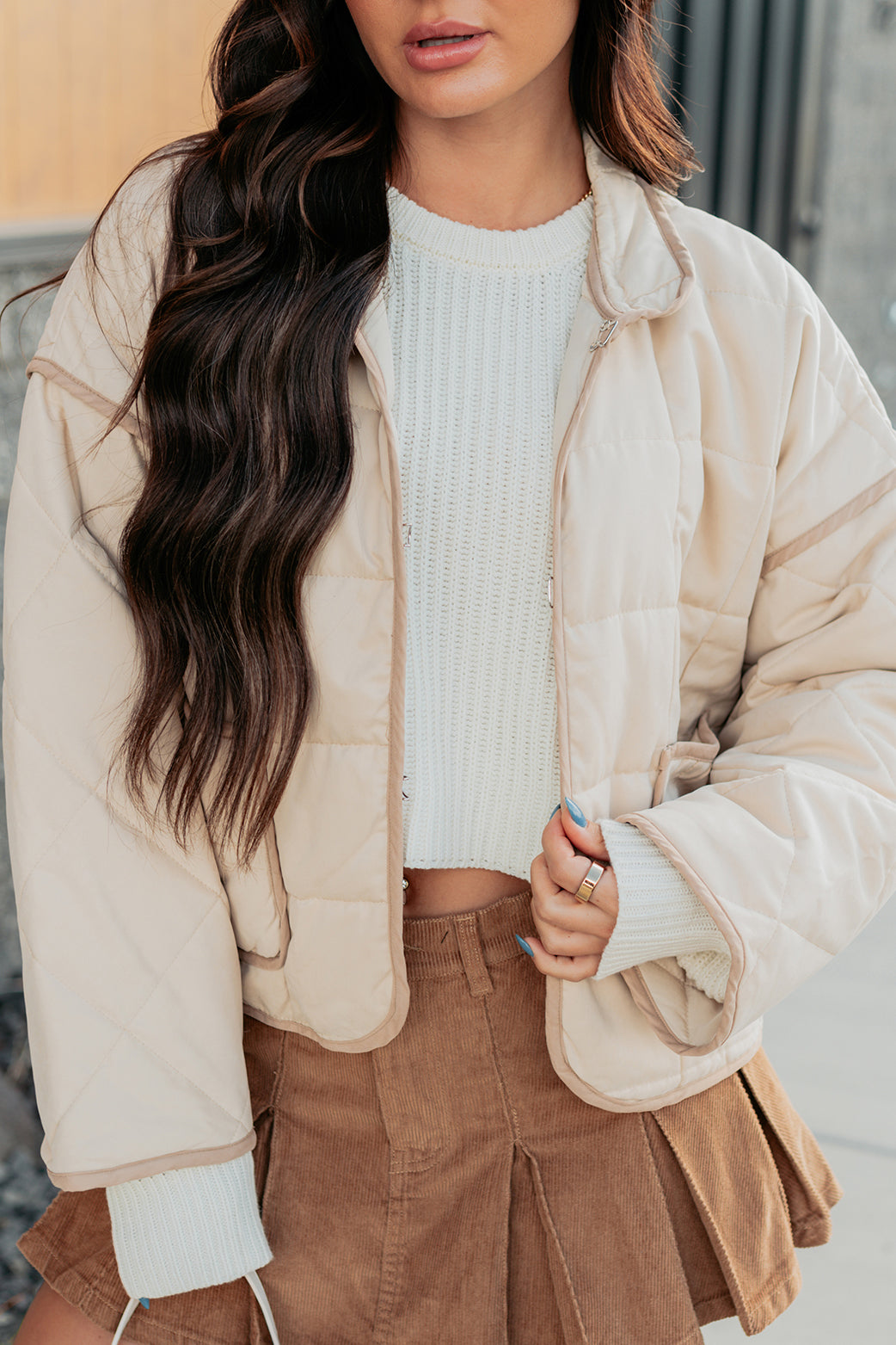 Pure Desire Contrast Trim Quilted Puffer Jacket (Beige) - NanaMacs