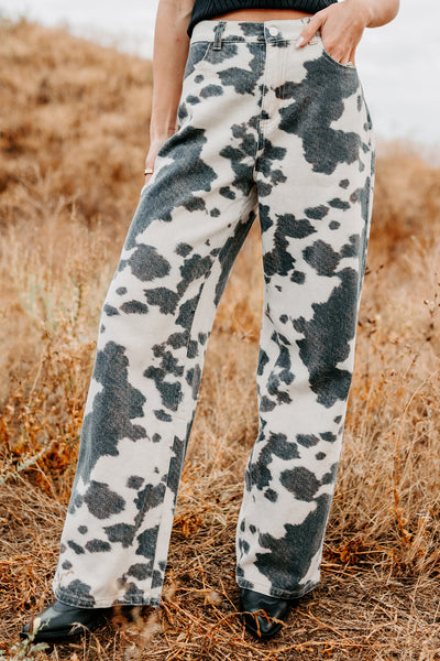 Willis Wide Leg Cow Print Klesis Jeans (Brown) - NanaMacs