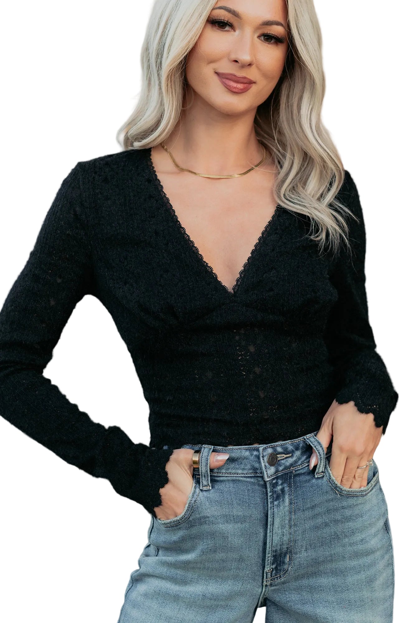 G tech magnet under lace tops ブラック Born Untamed Long Sleeve V Neck Lace Top (Black) · NanaMacs