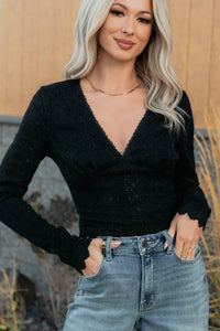 Born Untamed Long Sleeve V Neck Lace Top (Black) - NanaMacs