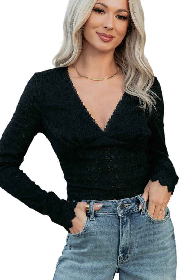 Born Untamed Long Sleeve V Neck Lace Top (Black) - NanaMacs