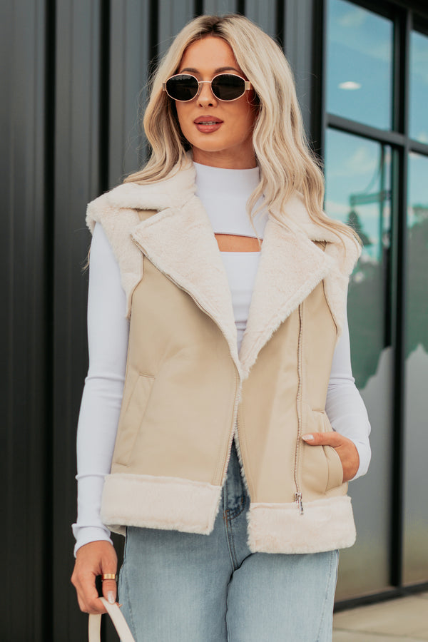 Cabin State Faux Leather Fur Lined Vest (Cream/Taupe) - NanaMacs